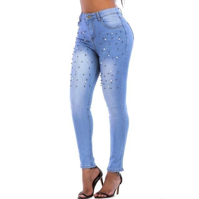 Damskie Spodnie Jeansowe Skinny Pearl Zroszony Przednie Dżinsy Summer Spring Mid Waist Zipper Long Denim Casual Pants