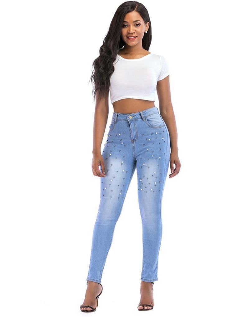 Damskie Spodnie Jeansowe Skinny Pearl Zroszony Przednie Dżinsy Summer Spring Mid Waist Zipper Long Denim Casual Pants