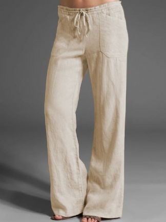 Damskie Spodnie W Jednolitym Kolorze Z Wysokim Sznurkiem W Talii Luźne Spodnie Z Kieszenią