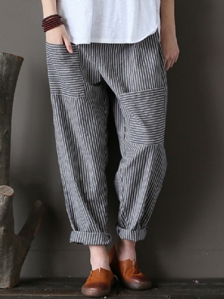 Damskie Spodnie W Paski Z Elastyczną Talią Casual Loose Harem Pants