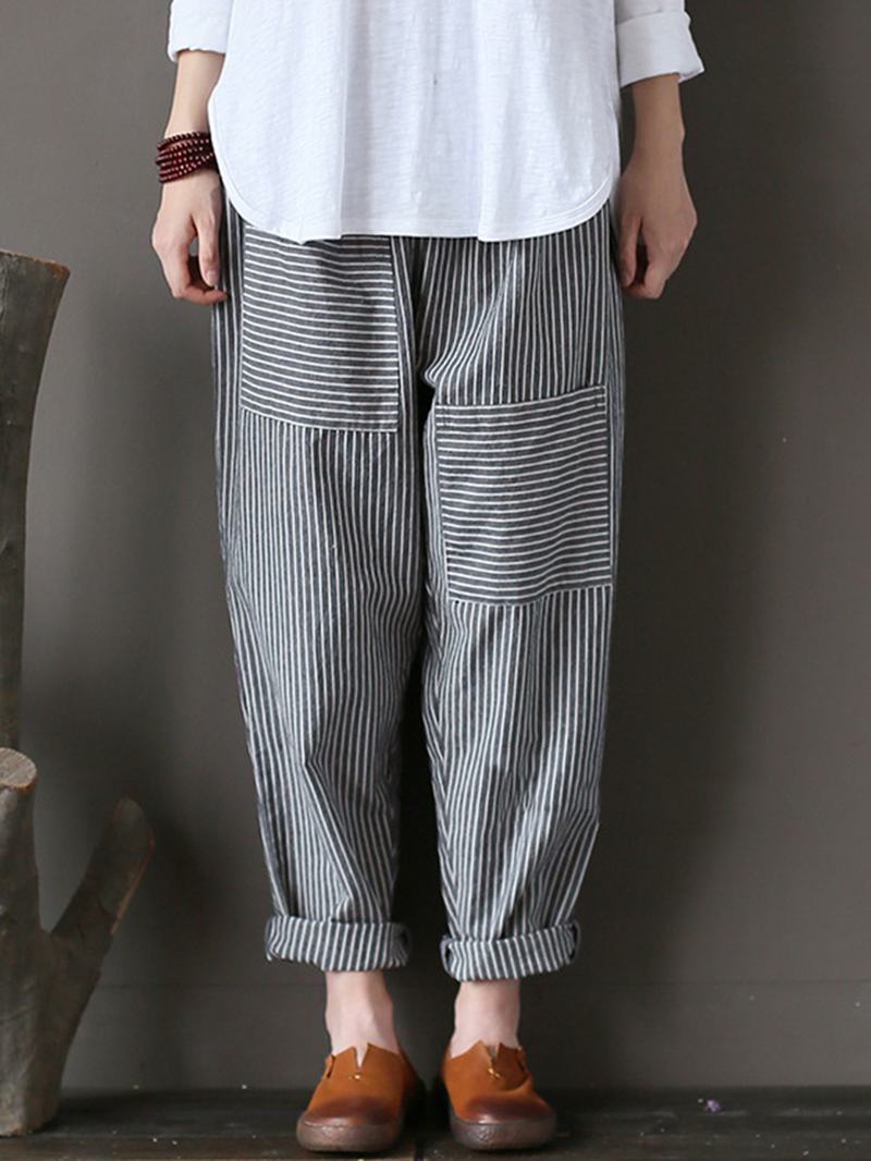 Damskie Spodnie W Paski Z Elastyczną Talią Casual Loose Harem Pants