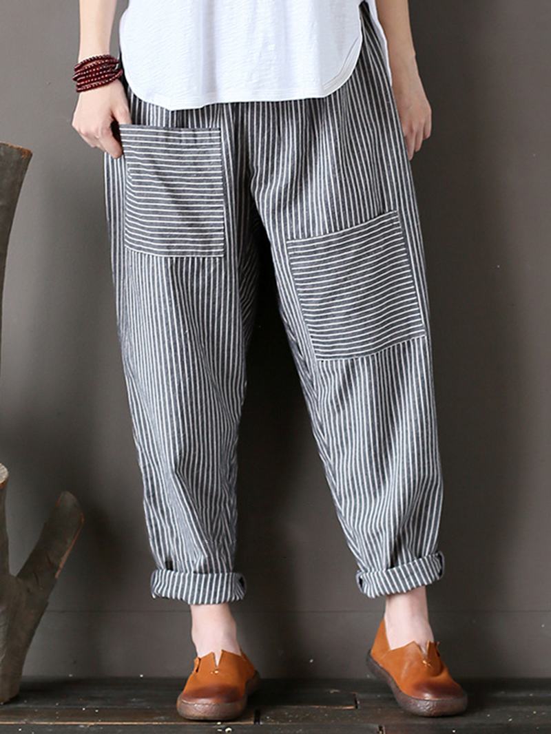 Damskie Spodnie W Paski Z Elastyczną Talią Casual Loose Harem Pants