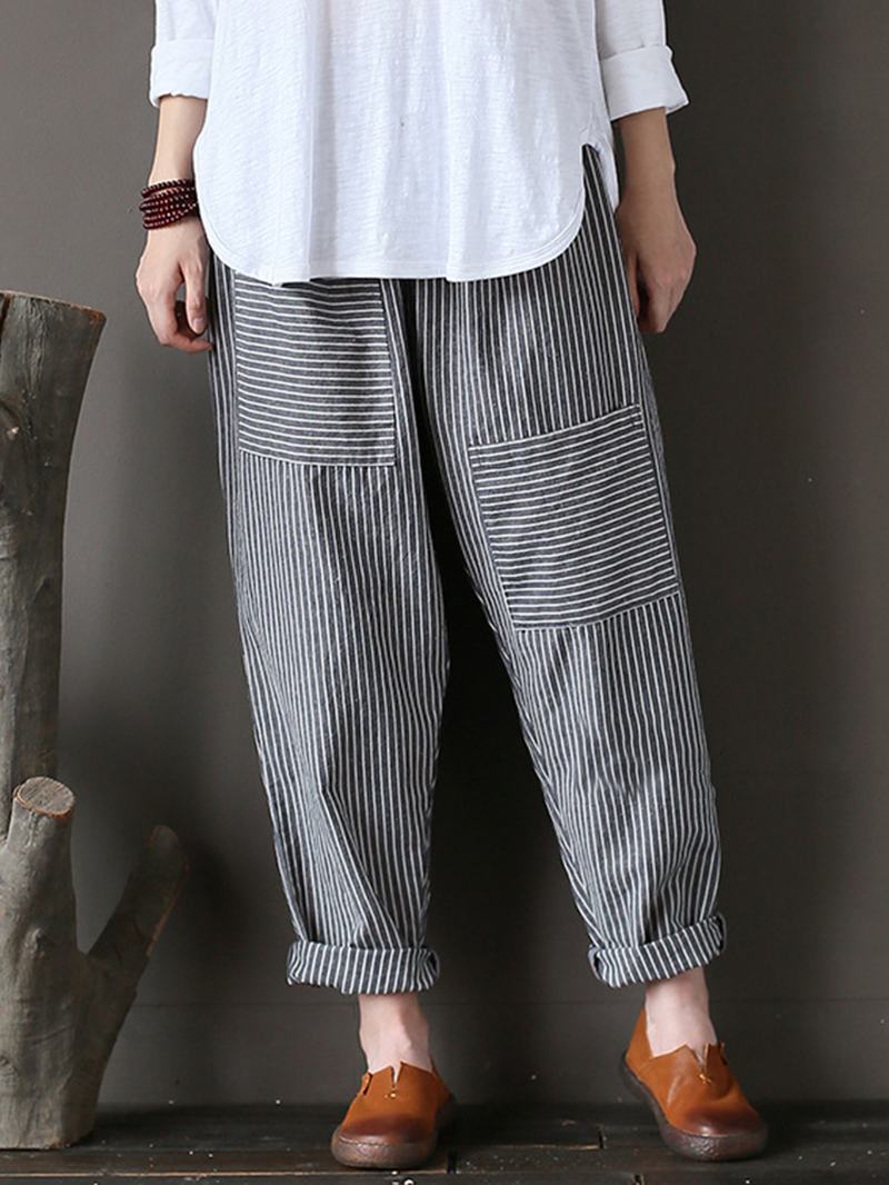 Damskie Spodnie W Paski Z Elastyczną Talią Casual Loose Harem Pants