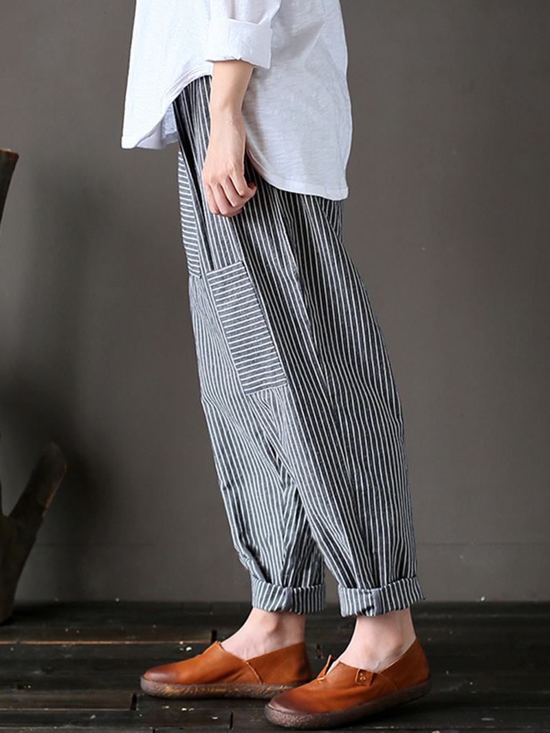 Damskie Spodnie W Paski Z Elastyczną Talią Casual Loose Harem Pants