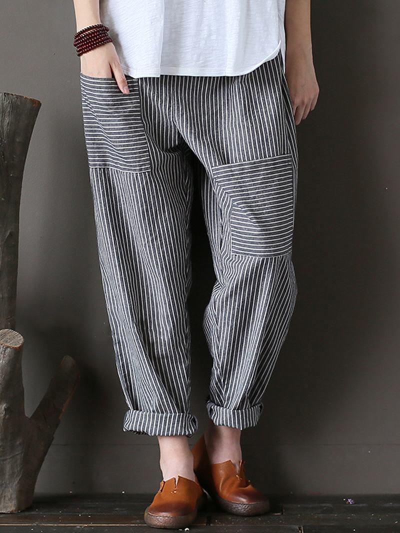 Damskie Spodnie W Paski Z Elastyczną Talią Casual Loose Harem Pants