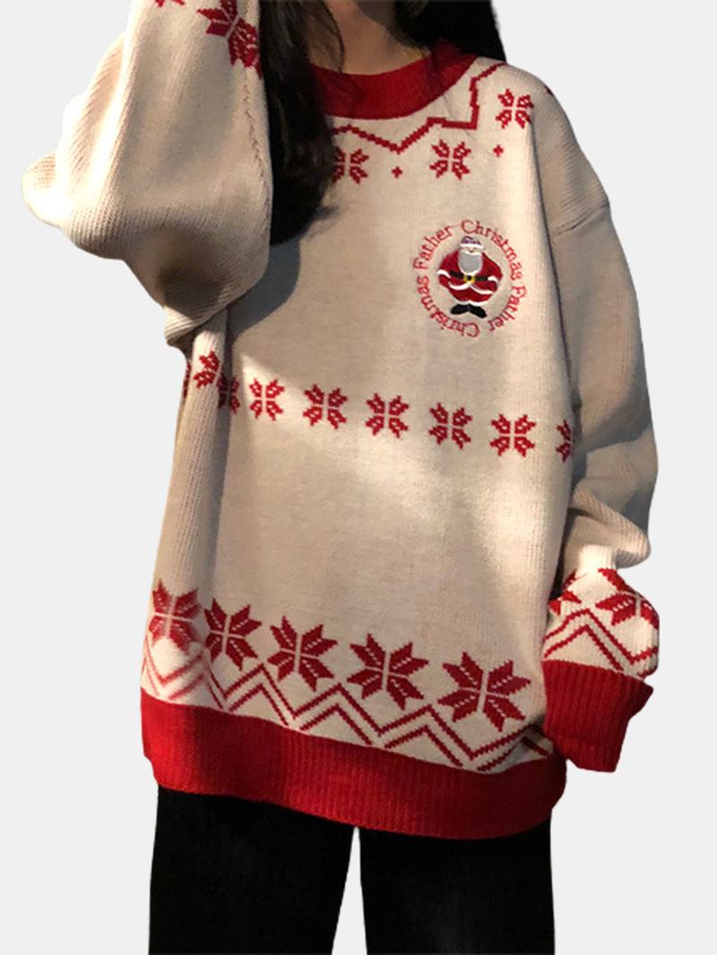 Damskie Swetry Z Dzianiny Z Luźnym Luźnym Rękawem I Wzorem W Kształcie Płatka Śniegu