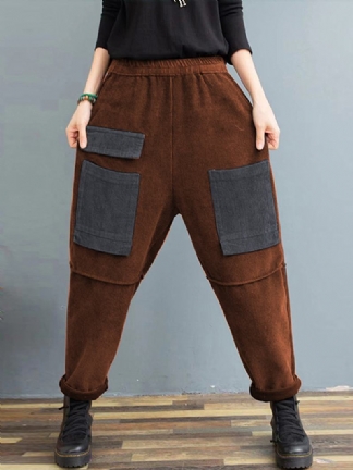 Damskie Sztruksowe Patchworkowe Wielokolorowe Spodnie W Kontrastowym Kolorze Z Kieszeniami