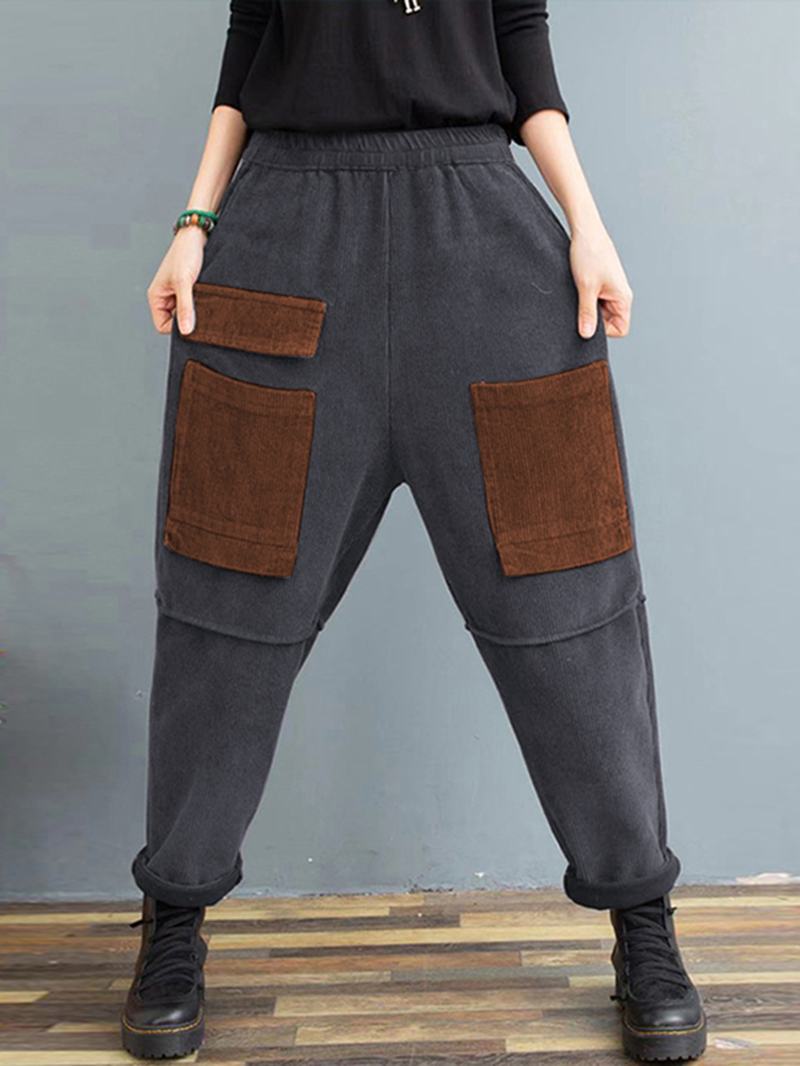 Damskie Sztruksowe Patchworkowe Wielokolorowe Spodnie W Kontrastowym Kolorze Z Kieszeniami