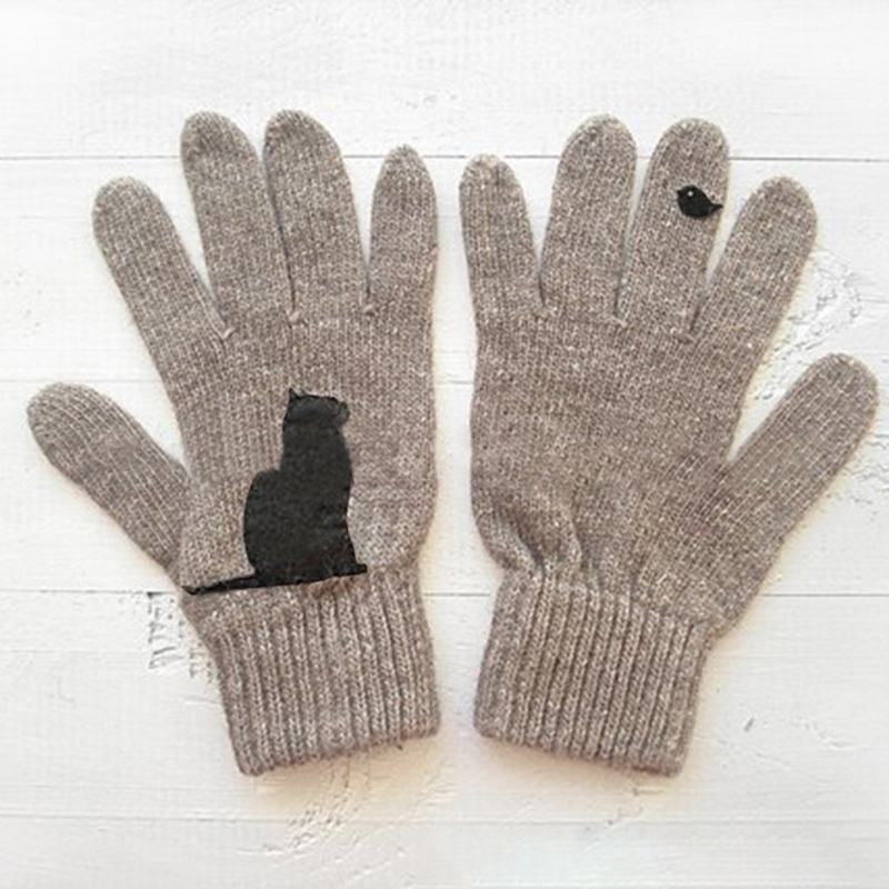 Damskie Wełniane Rękawiczki Jesienno-zimowe Outdoorowe Ciepłe Zimne Wyściełane Rękawiczki Z Nadrukiem W Ptaki