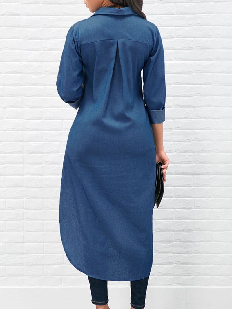 Dżinsowa Sukienka Koszulowa Z Długimi Rękawami W Jednolitym Kolorze