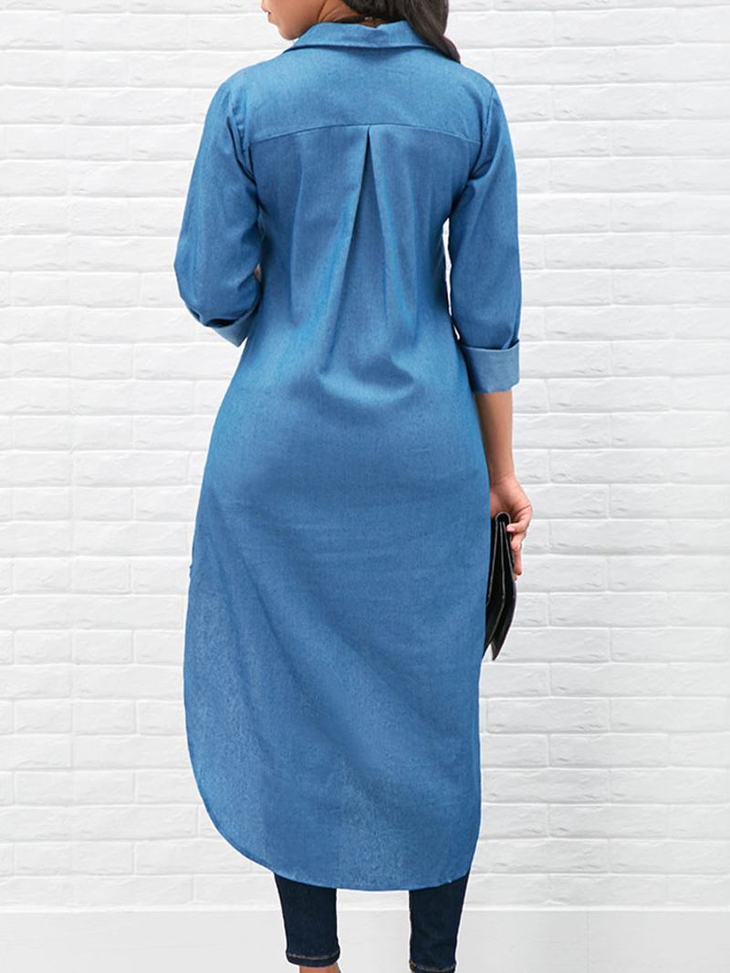 Dżinsowa Sukienka Koszulowa Z Długimi Rękawami W Jednolitym Kolorze
