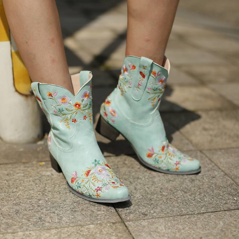 Duże Rozmiary Damskie Retro Haftowane Szpiczasty Nosek Masywny Obcas Slip On Cowboy Boots