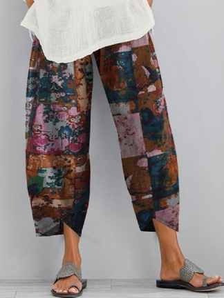 Elastyczne Spodnie Z Kwiatowym Nadrukiem Luźne Nieregularne Spodnie Z Kieszeniami Dla Kobiet