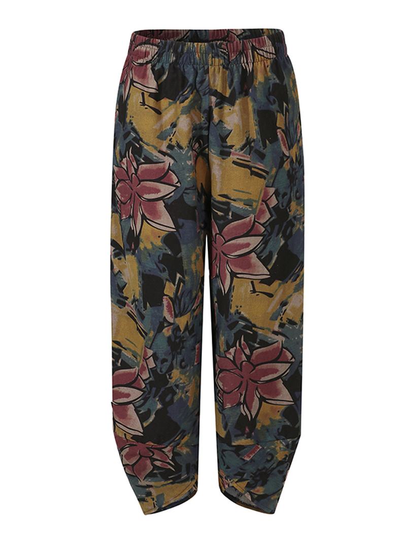 Elastyczne Spodnie Z Kwiatowym Nadrukiem Luźne Nieregularne Spodnie Z Kieszeniami Dla Kobiet