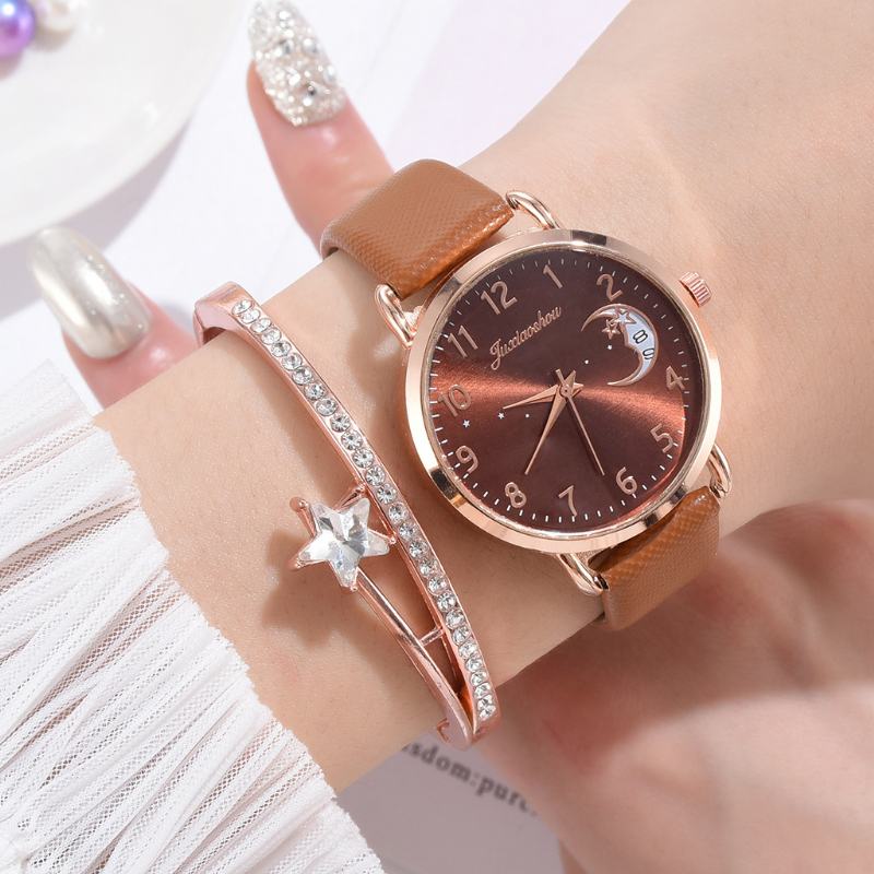 Elegancki Luksusowy 2 Szt. Zestaw Zegarków Bransoletka Damska Zegarek Kwarcowy Księżyc Starry Dial Skórzany Pasek Damski Prezent