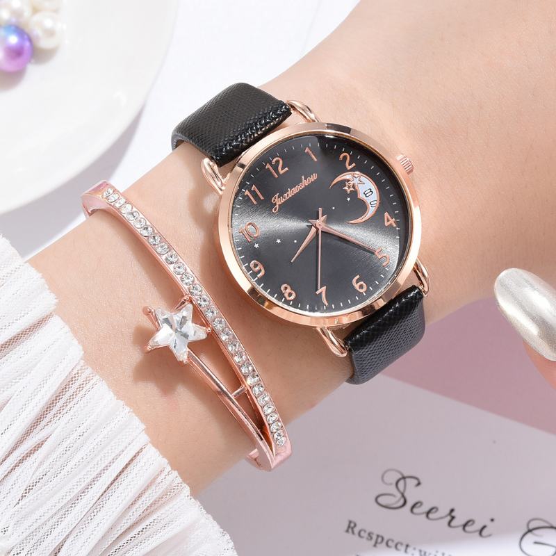 Elegancki Luksusowy 2 Szt. Zestaw Zegarków Bransoletka Damska Zegarek Kwarcowy Księżyc Starry Dial Skórzany Pasek Damski Prezent