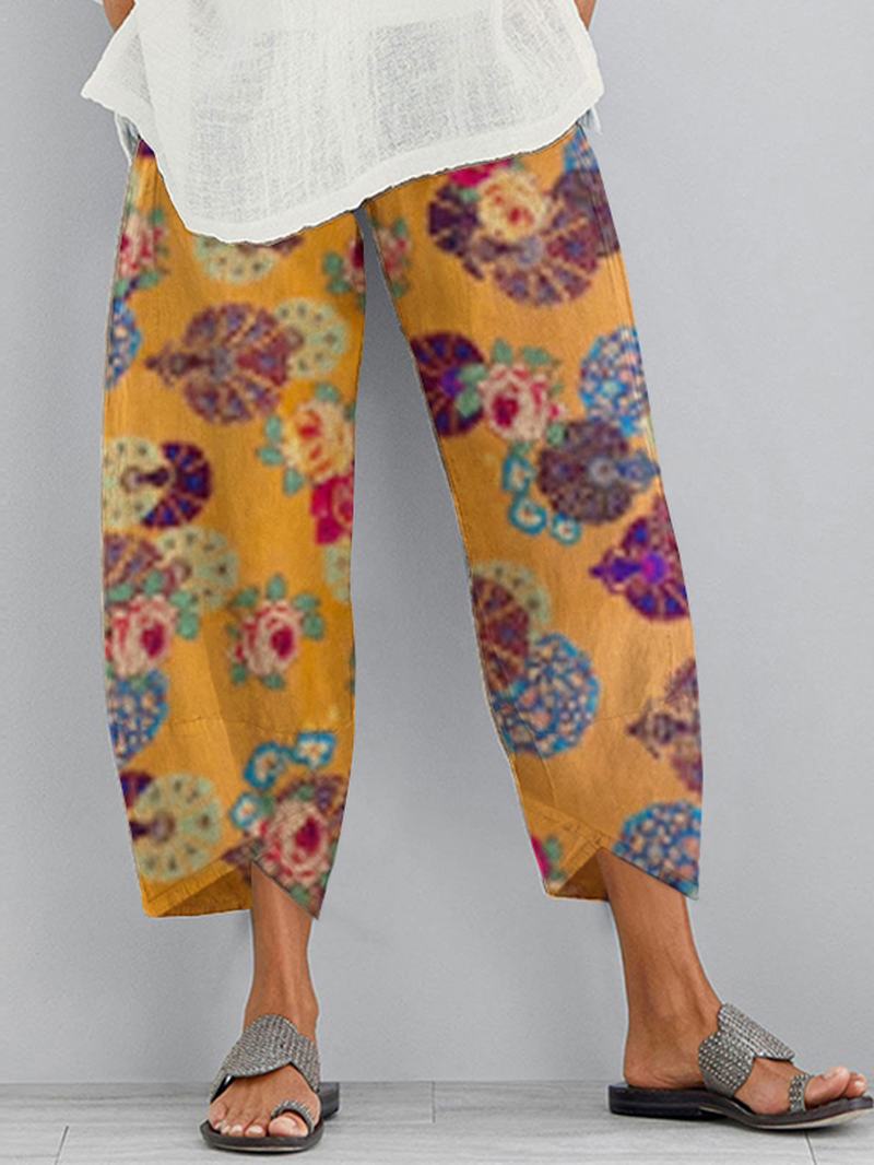 Etniczne Kwiatowe Nadruki Elastyczna Kieszeń Boczna Nieregularne Spodnie Na Co Dzień Dla Kobiet