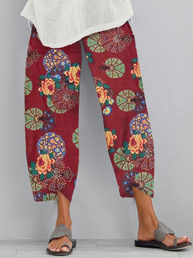 Etniczne Kwiatowe Nadruki Elastyczna Kieszeń Boczna Nieregularne Spodnie Na Co Dzień Dla Kobiet