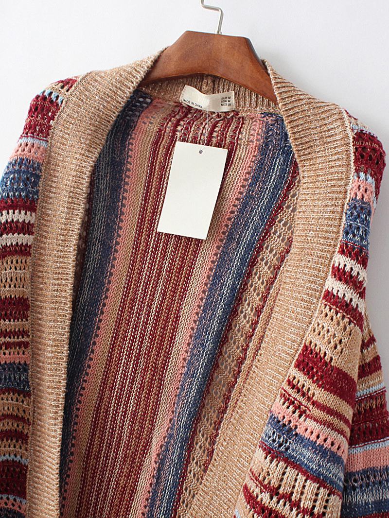 Etniczny Damski Sweter W Kolorowe Paski Z Długim Rękawem I Frędzlami