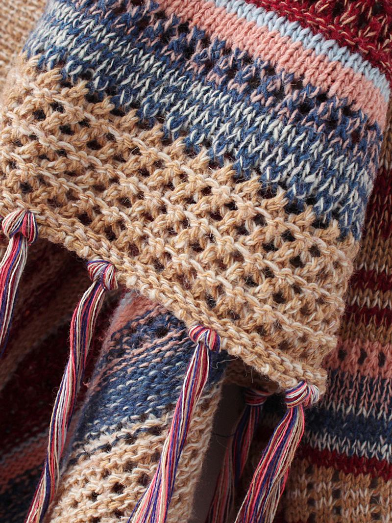 Etniczny Damski Sweter W Kolorowe Paski Z Długim Rękawem I Frędzlami