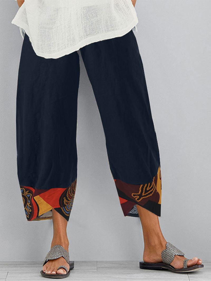Etniczny Nadruk Patchworkowy Elastyczny Pas Z Boczną Kieszenią Nieregularne Spodnie Z Dołem Dla Kobiet
