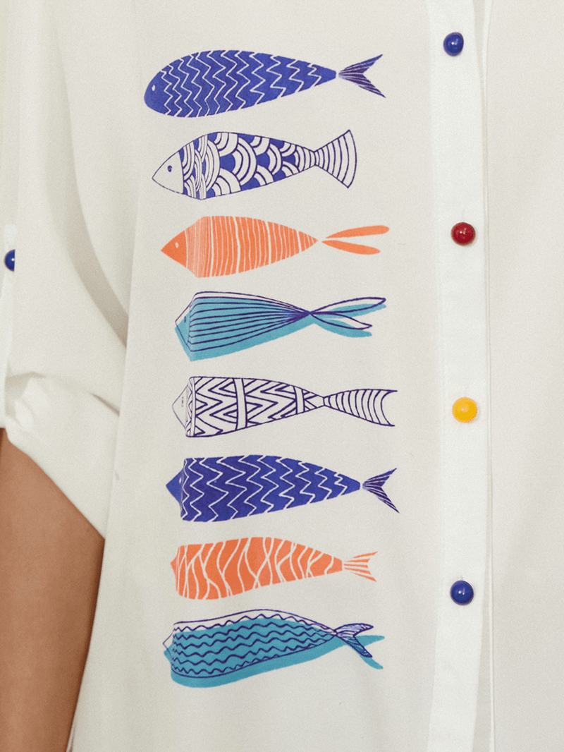 Fish Drukowanie Kolorowe Guziki Stand Collar Casualowe Koszule Z Długim Rękawem Dla Kobiet