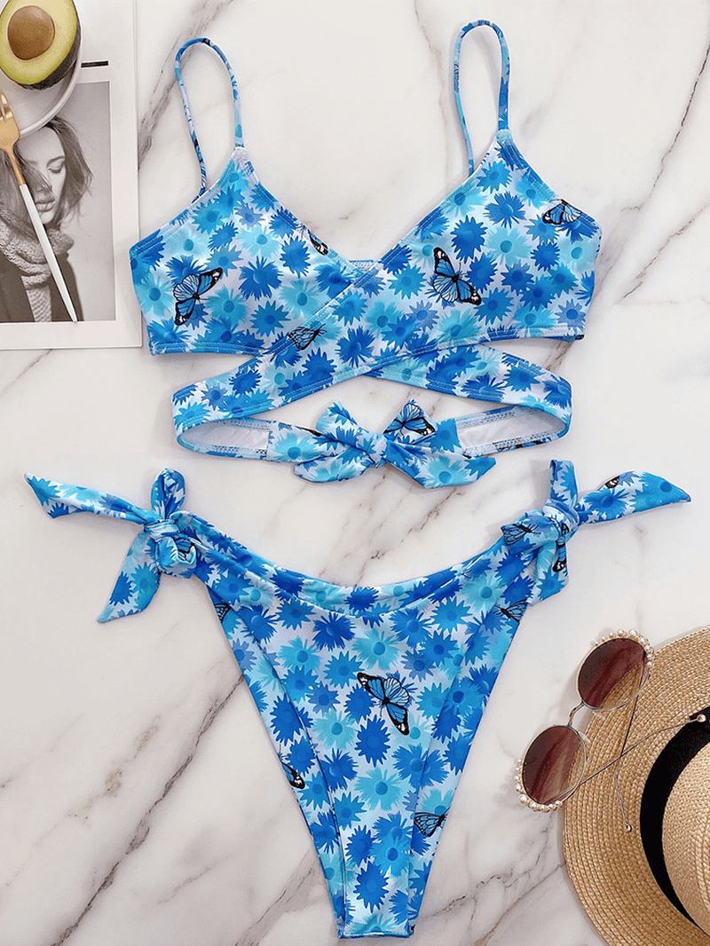 Floral Butterfly Animal Drukowanie Tie Cross Split Beach Bikini Damskie Swimsuit