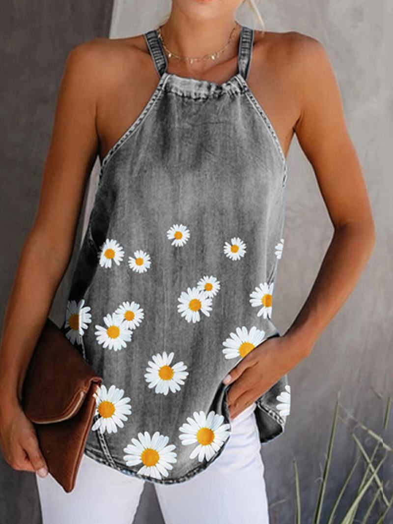 Floral Drukowanie Halter Kobiety Casual Denim Tank Tops