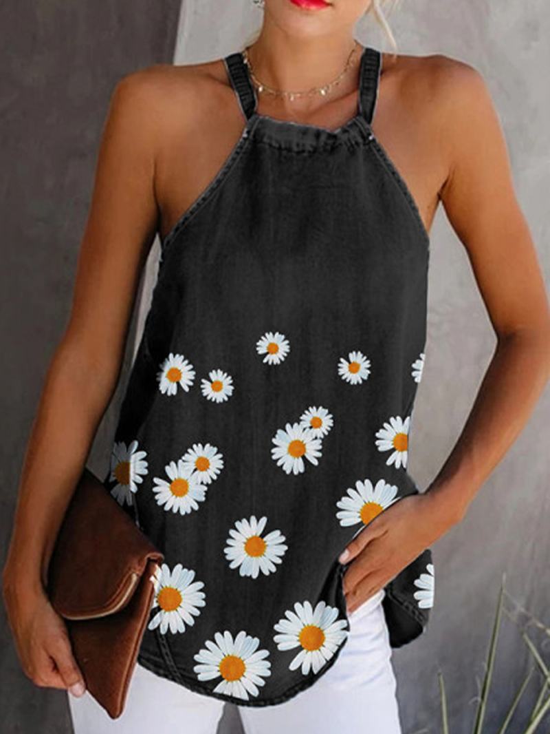 Floral Drukowanie Halter Kobiety Casual Denim Tank Tops