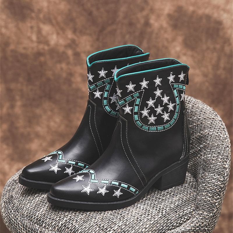 Folkways Stars Pattern Szpiczasty Nosek Masywny Obcas Casual Krótkie Buty