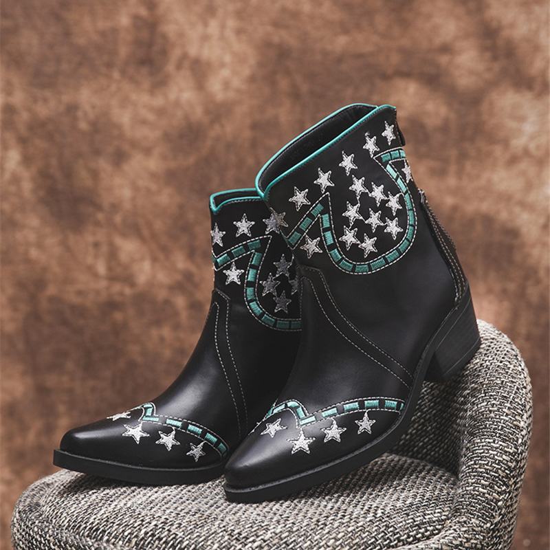 Folkways Stars Pattern Szpiczasty Nosek Masywny Obcas Casual Krótkie Buty