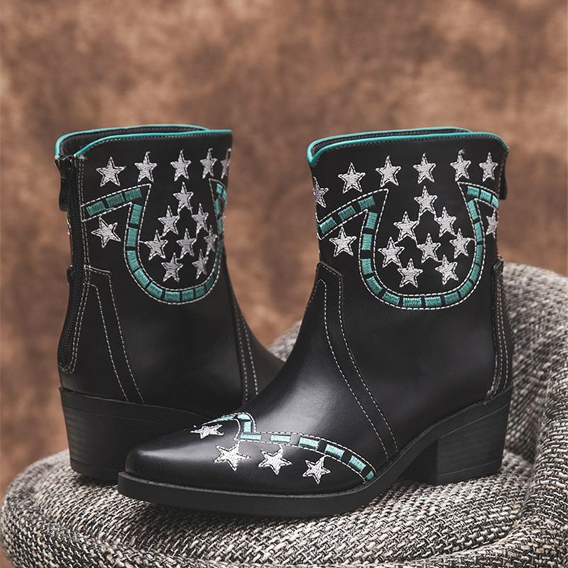 Folkways Stars Pattern Szpiczasty Nosek Masywny Obcas Casual Krótkie Buty