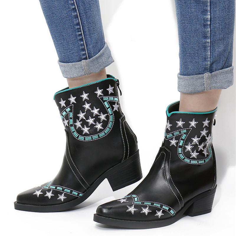 Folkways Stars Pattern Szpiczasty Nosek Masywny Obcas Casual Krótkie Buty