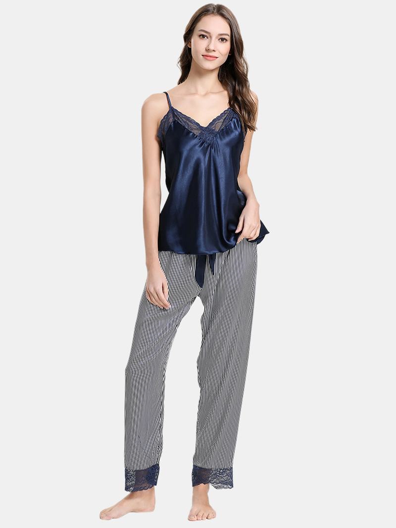 Garnitur Z Koronkowym Wykończeniem Na Ramiączkach Spaghetti W Paski Casual Loungewear