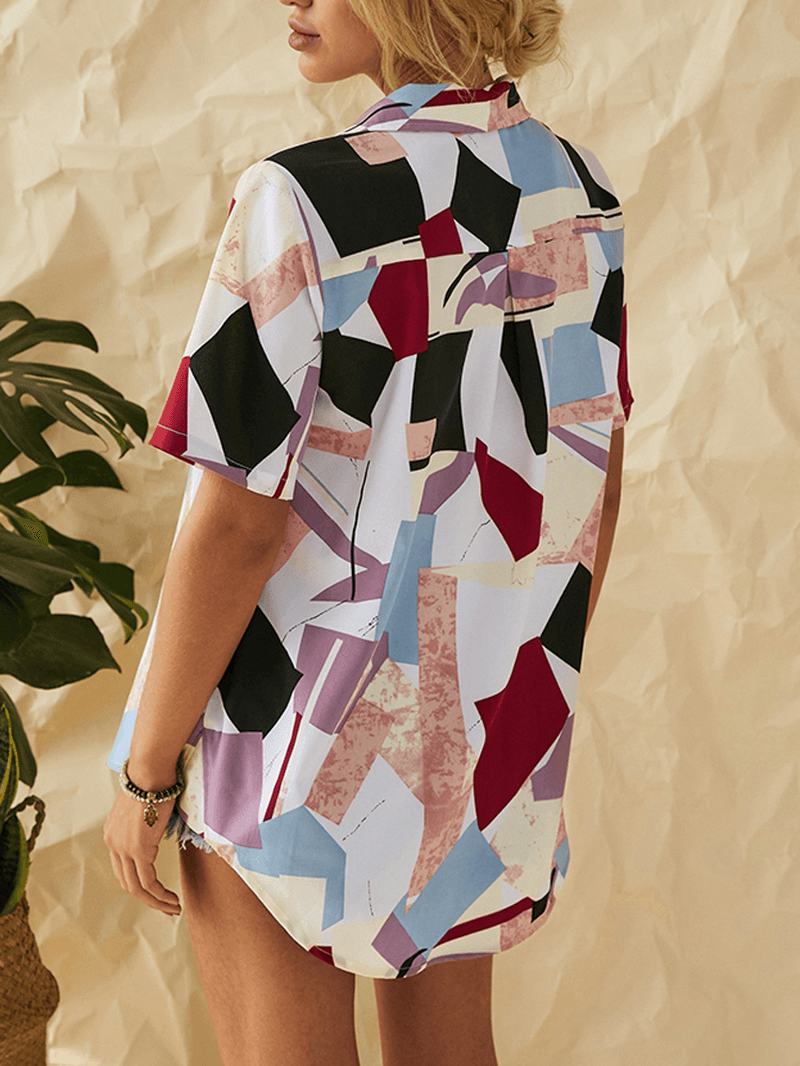 Geometryczne Patchworkowe Zapinane Na Guziki Koszule Z Nadrukiem Dla Kobiet