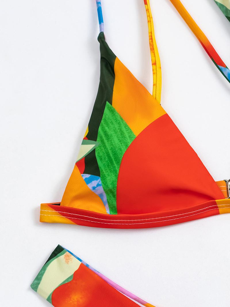 Geometryczny Wzór Nadruk Kolorowy Blok Na Jedno Ramię Krzyżujące Się Bikini Hawajskie
