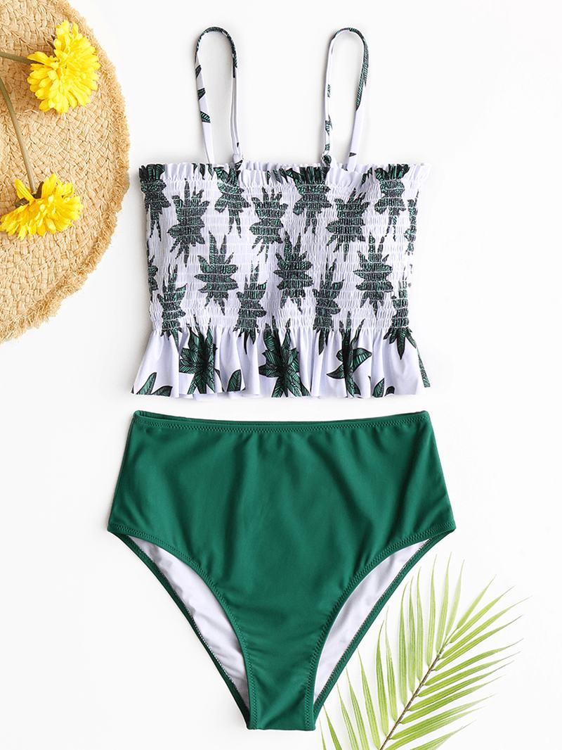 Hawajski Styl Kobiety Tropikalne Liście Drukowanie Ruffles Hem Beach Bikini Z Wysokim Stanem