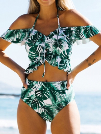 Hawajskie Bikini Z Wysokim Stanem W Tropikalny Wzór Z Falbankami I Sznurkiem Dla Kobiet