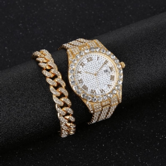 Hip Hop Luxury 2 Szt. Hip-hop Chain Full Diamond Watch Bransoletka Lady Quartz Watch