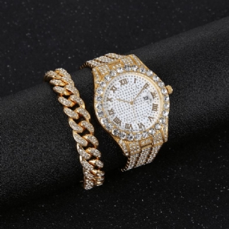 Hip Hop Luxury 2 Szt. Hip-hop Chain Full Diamond Watch Bransoletka Lady Quartz Watch