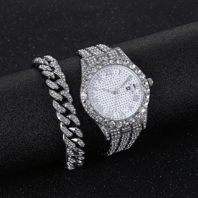 Hip Hop Luxury 2 Szt. Hip-hop Chain Full Diamond Watch Bransoletka Lady Quartz Watch