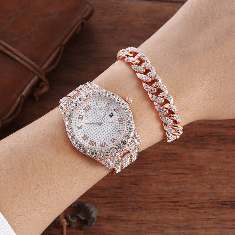 Hip Hop Luxury 2 Szt. Hip-hop Chain Full Diamond Watch Bransoletka Lady Quartz Watch