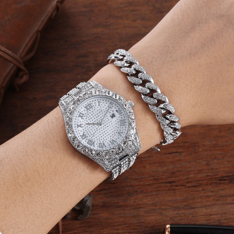 Hip Hop Luxury 2 Szt. Hip-hop Chain Full Diamond Watch Bransoletka Lady Quartz Watch