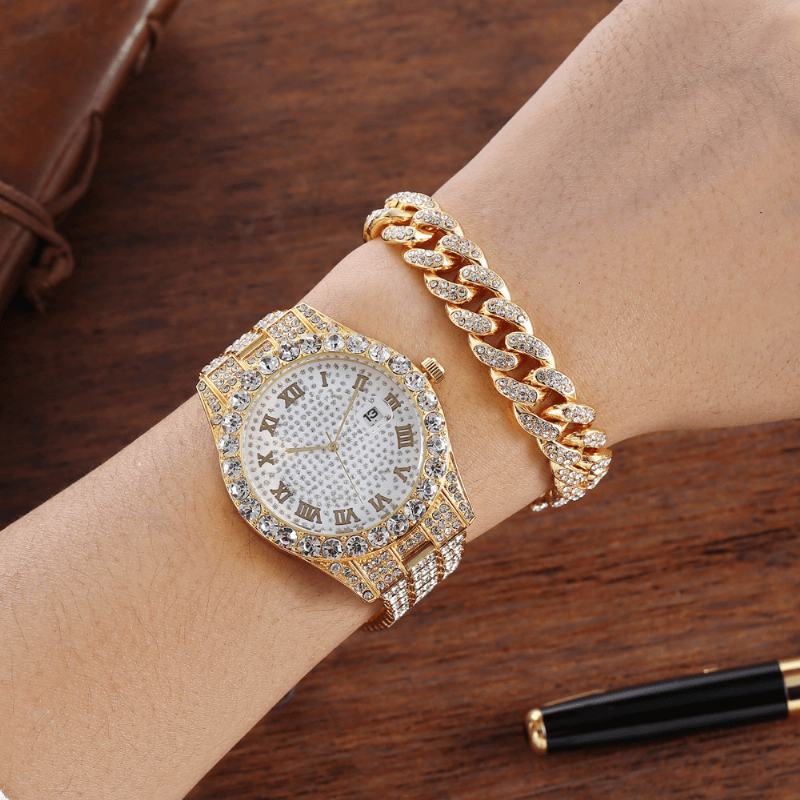 Hip Hop Luxury 2 Szt. Hip-hop Chain Full Diamond Watch Bransoletka Lady Quartz Watch