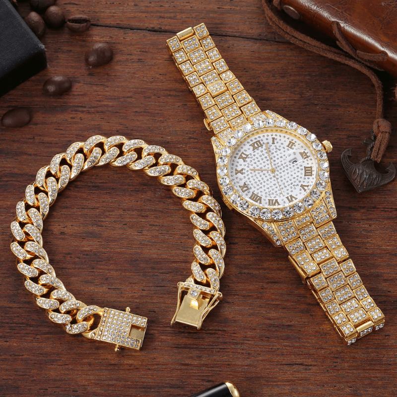 Hip Hop Luxury 2 Szt. Hip-hop Chain Full Diamond Watch Bransoletka Lady Quartz Watch