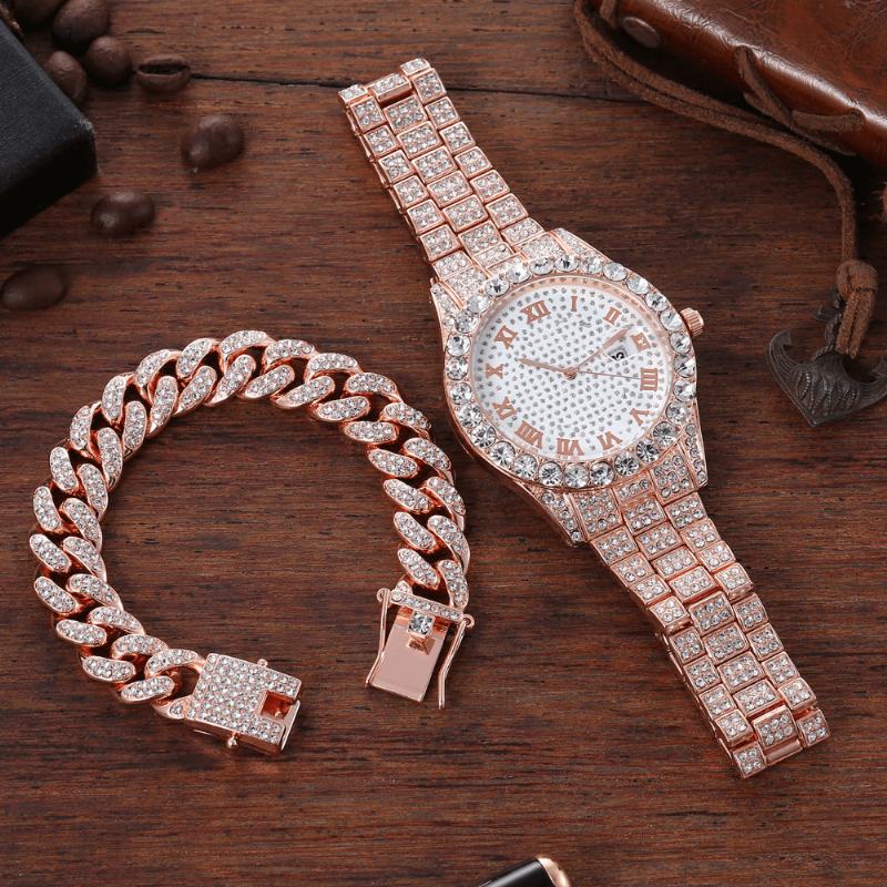 Hip Hop Luxury 2 Szt. Hip-hop Chain Full Diamond Watch Bransoletka Lady Quartz Watch