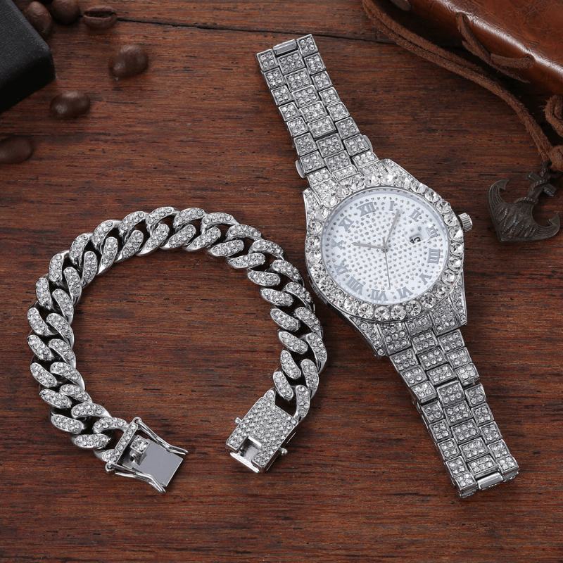 Hip Hop Luxury 2 Szt. Hip-hop Chain Full Diamond Watch Bransoletka Lady Quartz Watch