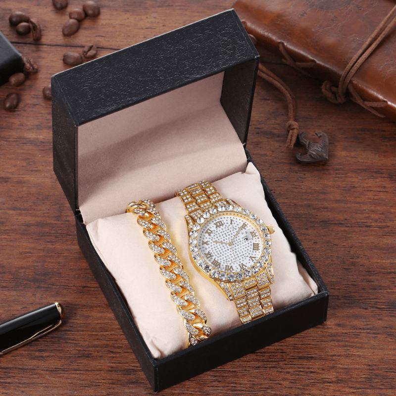 Hip Hop Luxury 2 Szt. Hip-hop Chain Full Diamond Watch Bransoletka Lady Quartz Watch