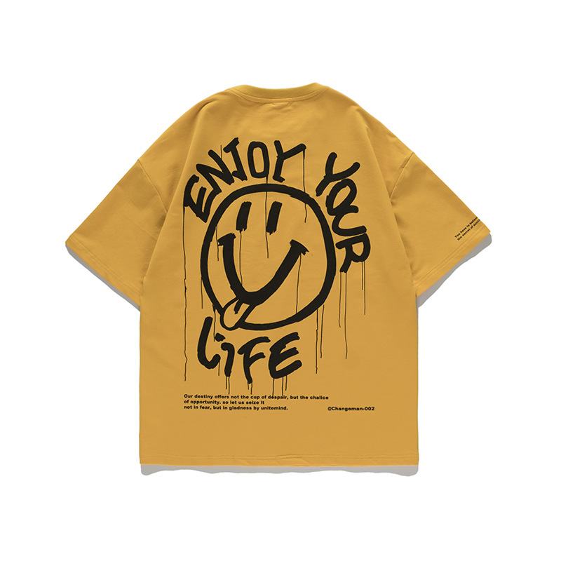 Japońska Koszulka Z Okrągłym Dekoltem Tide Letter Smiley Drukowanie Casual Z Krótkim Rękawem Luźna Koszulka Z Pół Rękawami