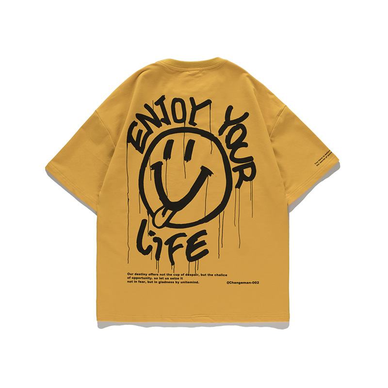 Japońska Koszulka Z Okrągłym Dekoltem Tide Letter Smiley Drukowanie Casual Z Krótkim Rękawem Luźna Koszulka Z Pół Rękawami